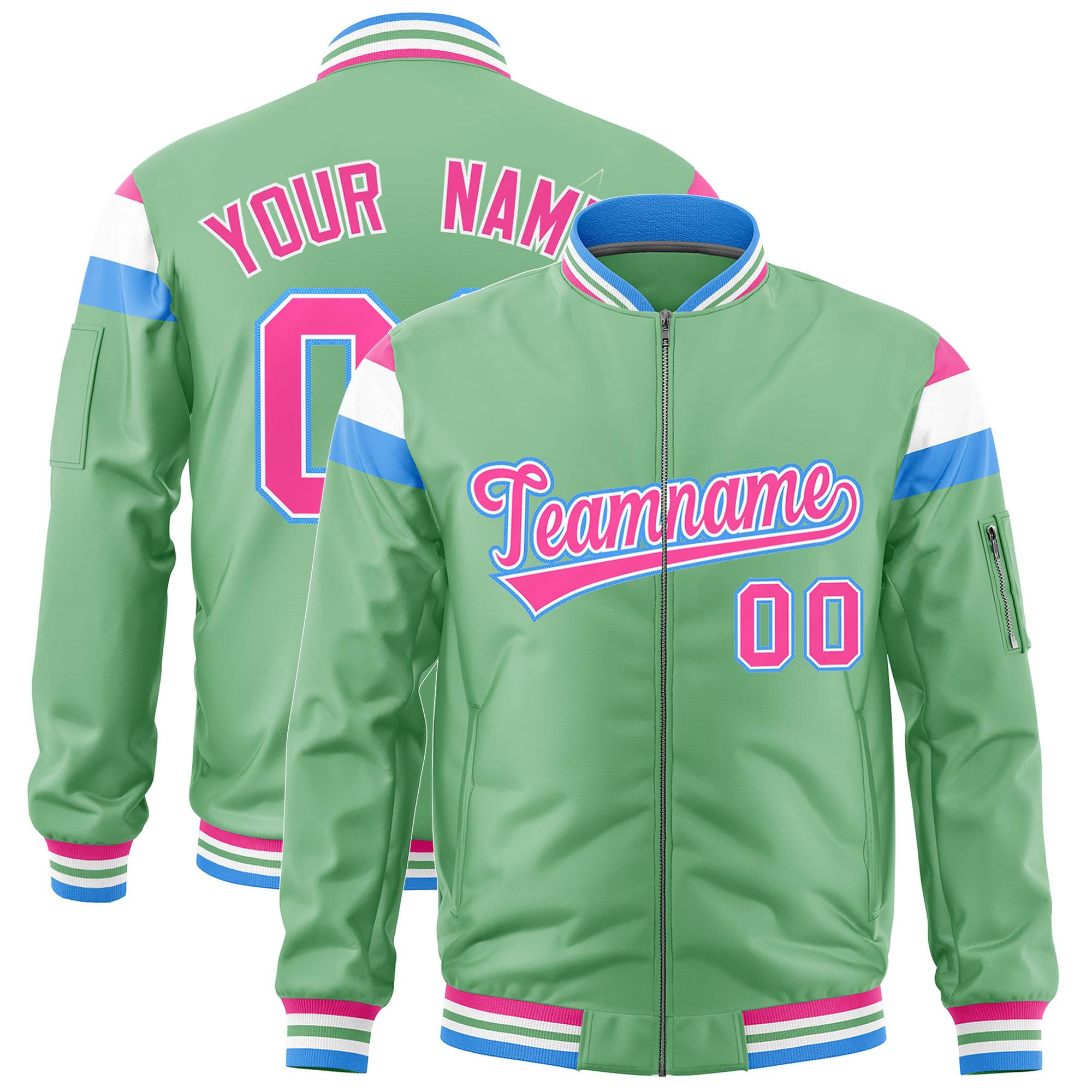 Custom Light Green Pink-White Varsity Full-Zip Shoulder Color Block Letterman Bomber Jacket