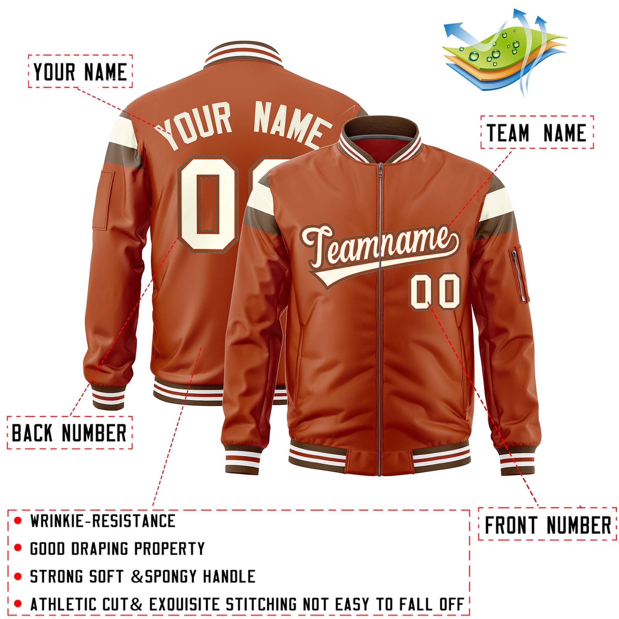 Custom Texas Orange Light Brown-Cream Varsity Full-Zip Shoulder Color Block Letterman Bomber Jacket