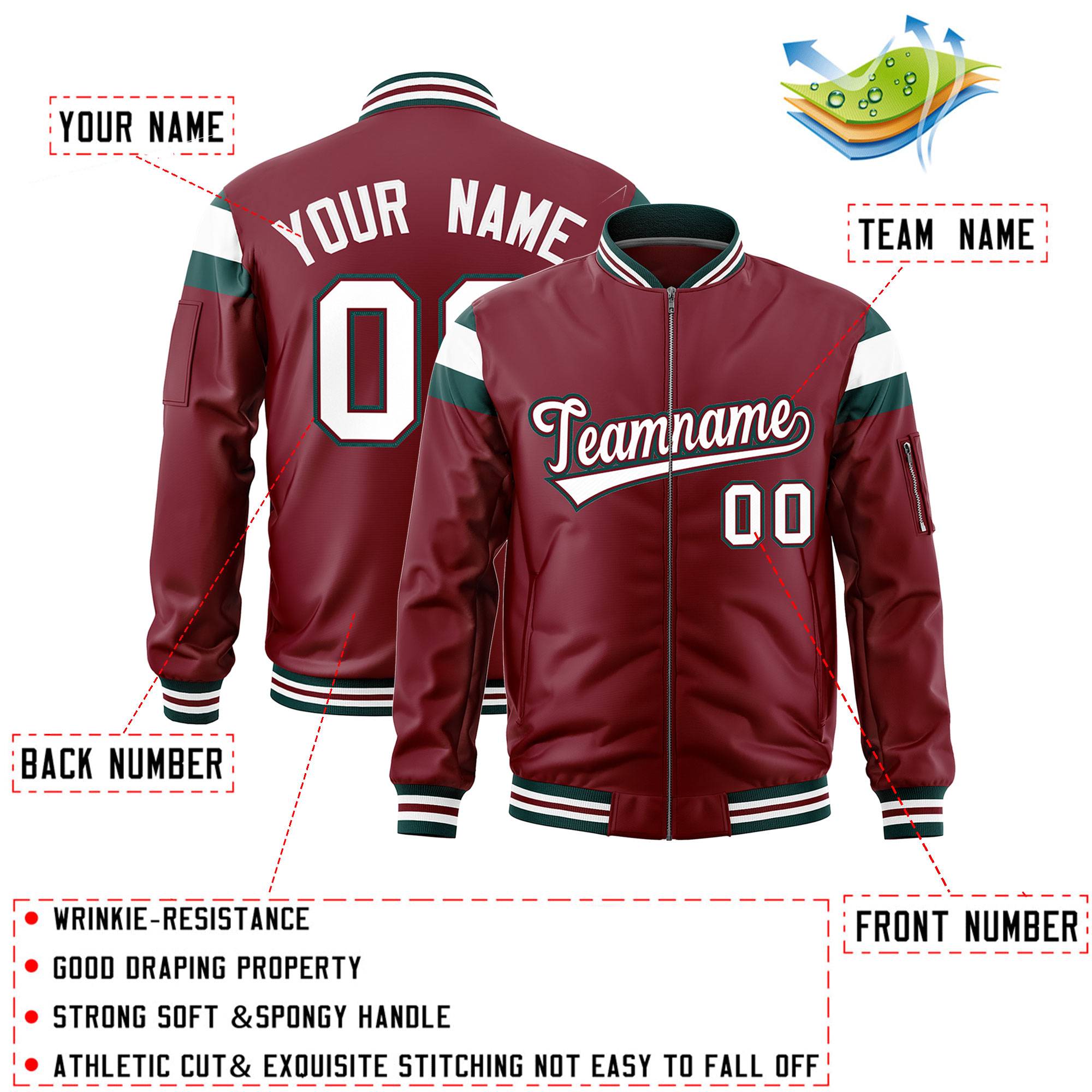 Custom Crimson Midnight Green-White Varsity Full-Zip Shoulder Color Block Letterman Bomber Jacket