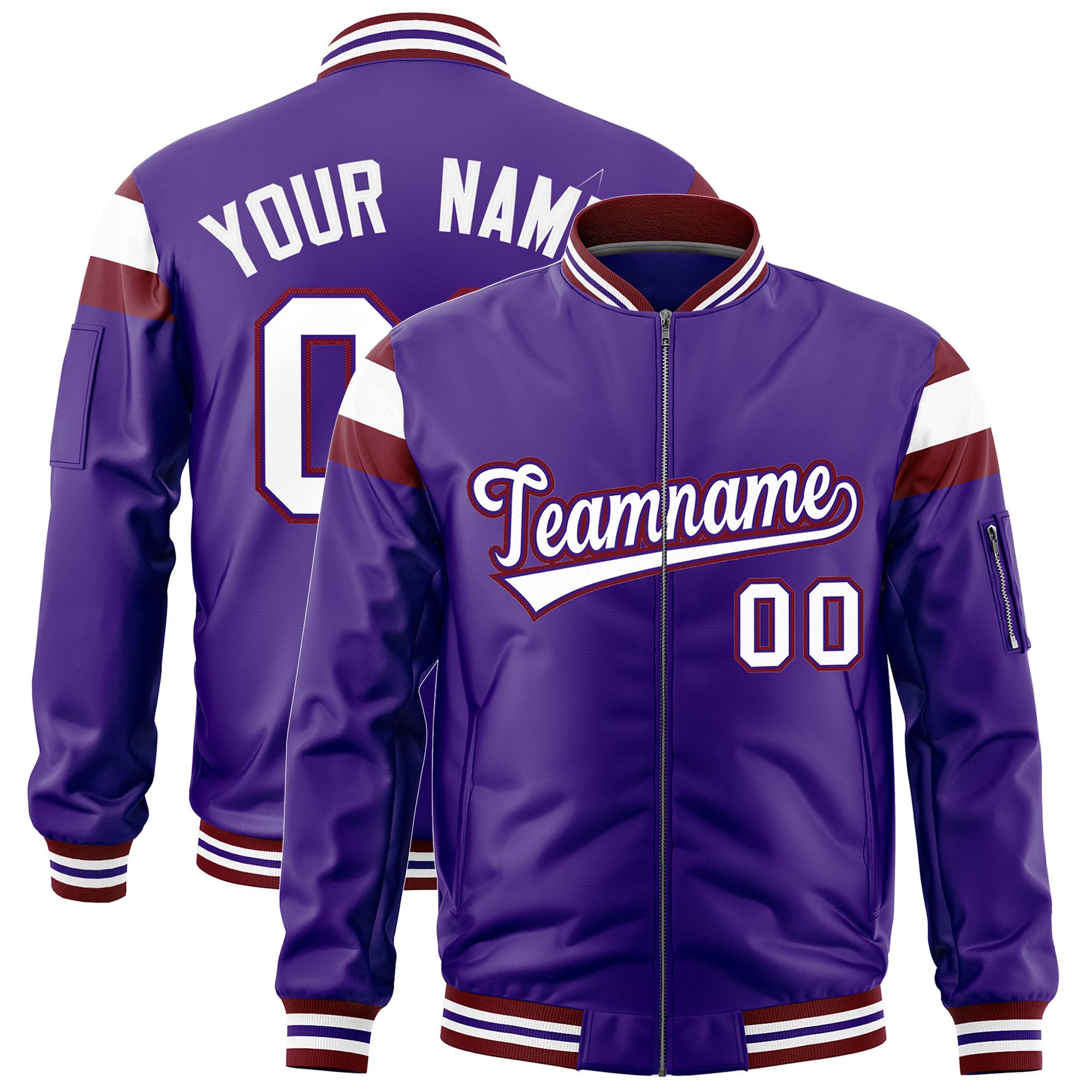 Custom Purple Crimson-White Varsity Full-Zip Shoulder Color Block Letterman Bomber Jacket