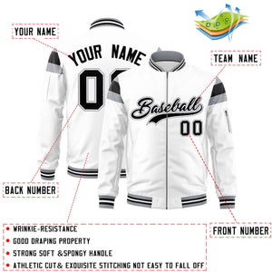 Custom White Silver-Black Varsity Full-Zip Shoulder Color Block Letterman Bomber Jacket