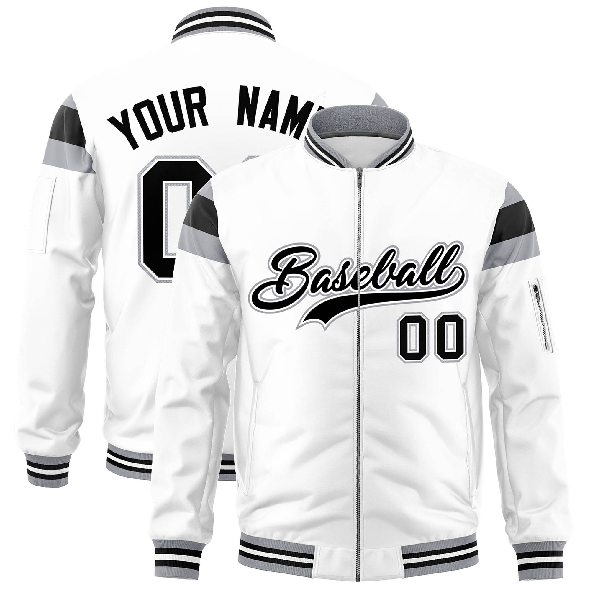 Custom White Silver-Black Varsity Full-Zip Shoulder Color Block Letterman Bomber Jacket