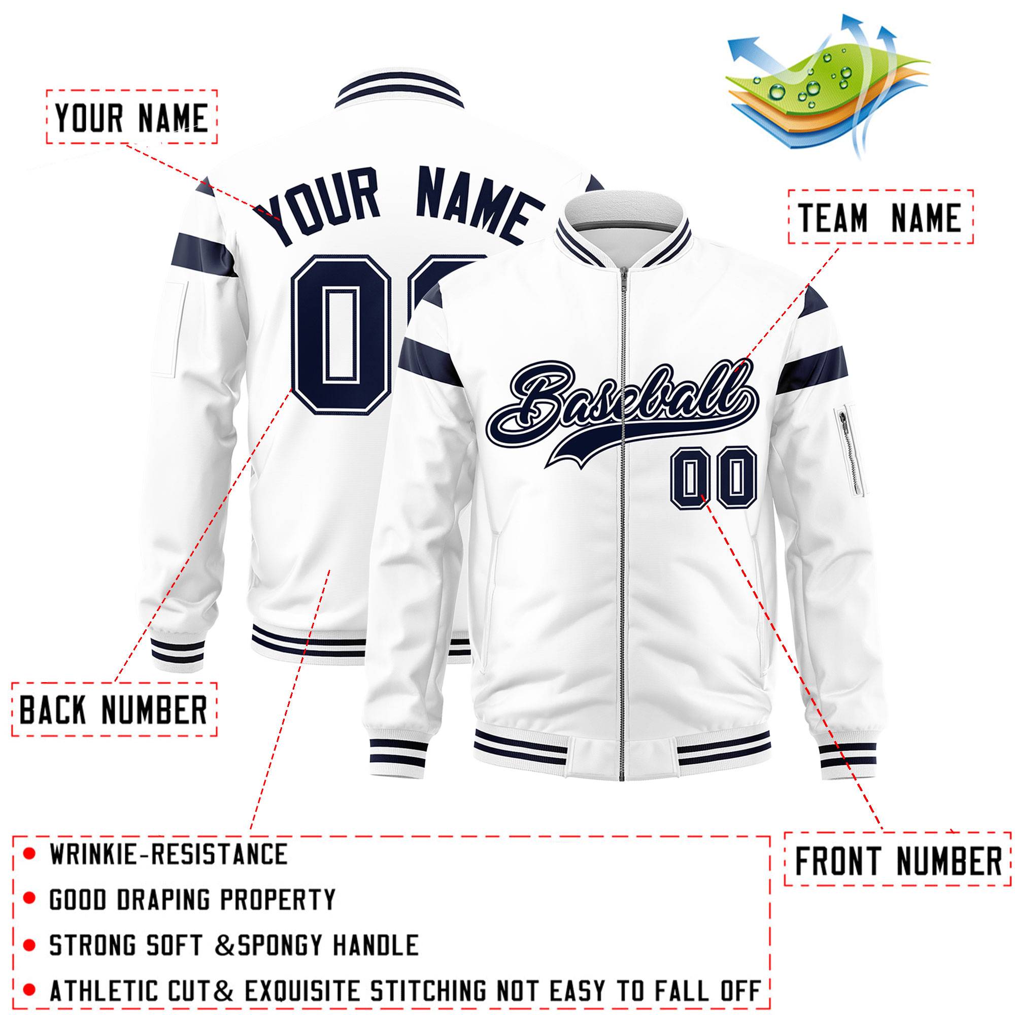 Custom White Navy Varsity Full-Zip Shoulder Color Block Letterman Bomber Jacket