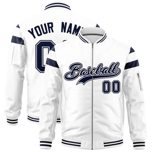 Custom White Navy Varsity Full-Zip Shoulder Color Block Letterman Bomber Jacket