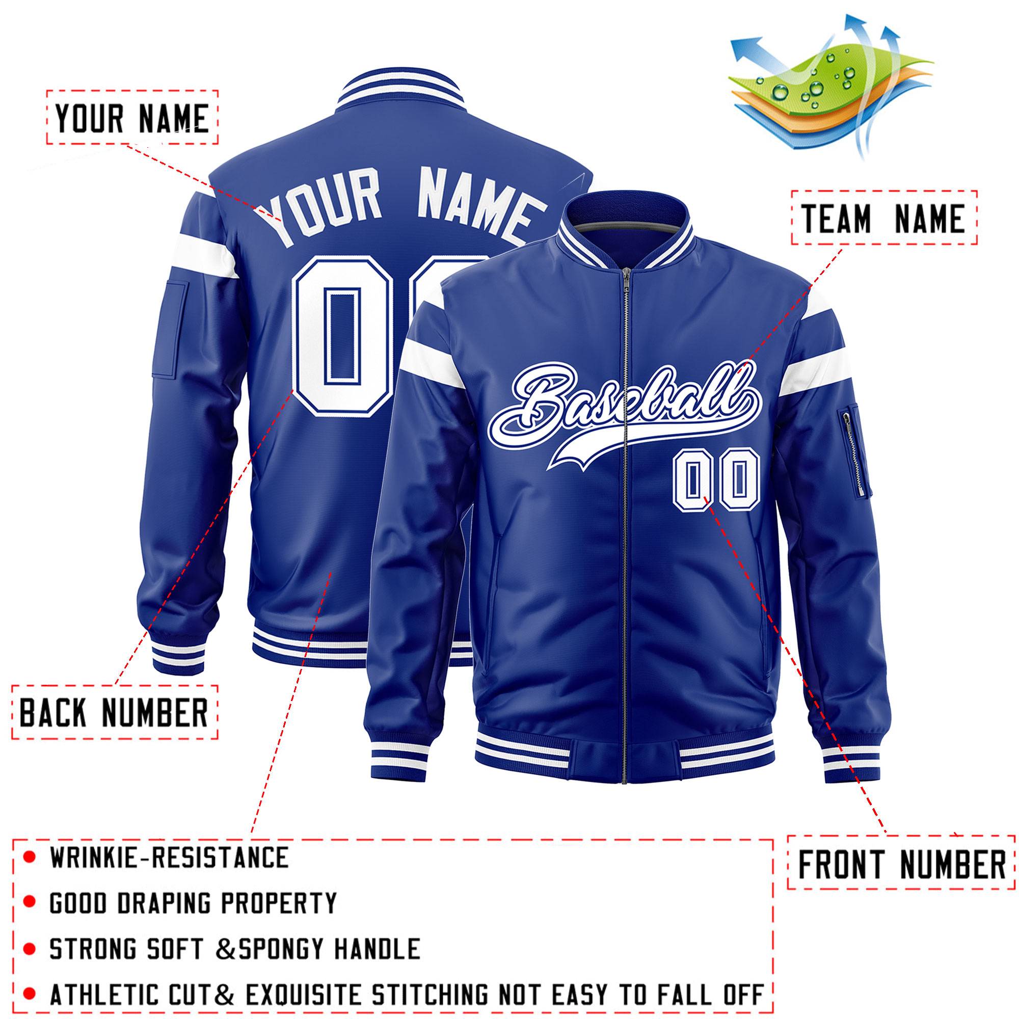 Custom Royal White Varsity Full-Zip Shoulder Color Block Letterman Bomber Jacket