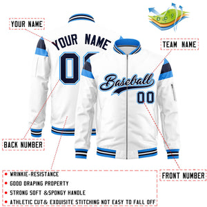 Custom White Powder Blue-Navy Varsity Full-Zip Shoulder Color Block Letterman Bomber Jacket