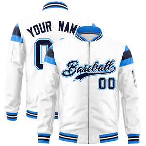 Custom White Powder Blue-Navy Varsity Full-Zip Shoulder Color Block Letterman Bomber Jacket