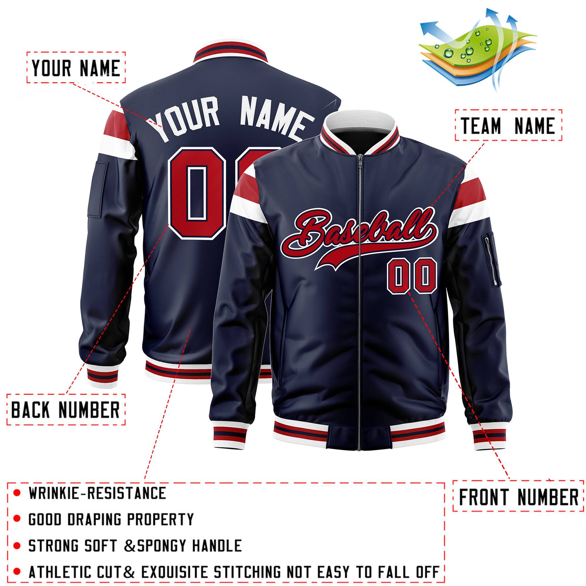 Custom Navy White-Red Varsity Full-Zip Shoulder Color Block Letterman Bomber Jacket