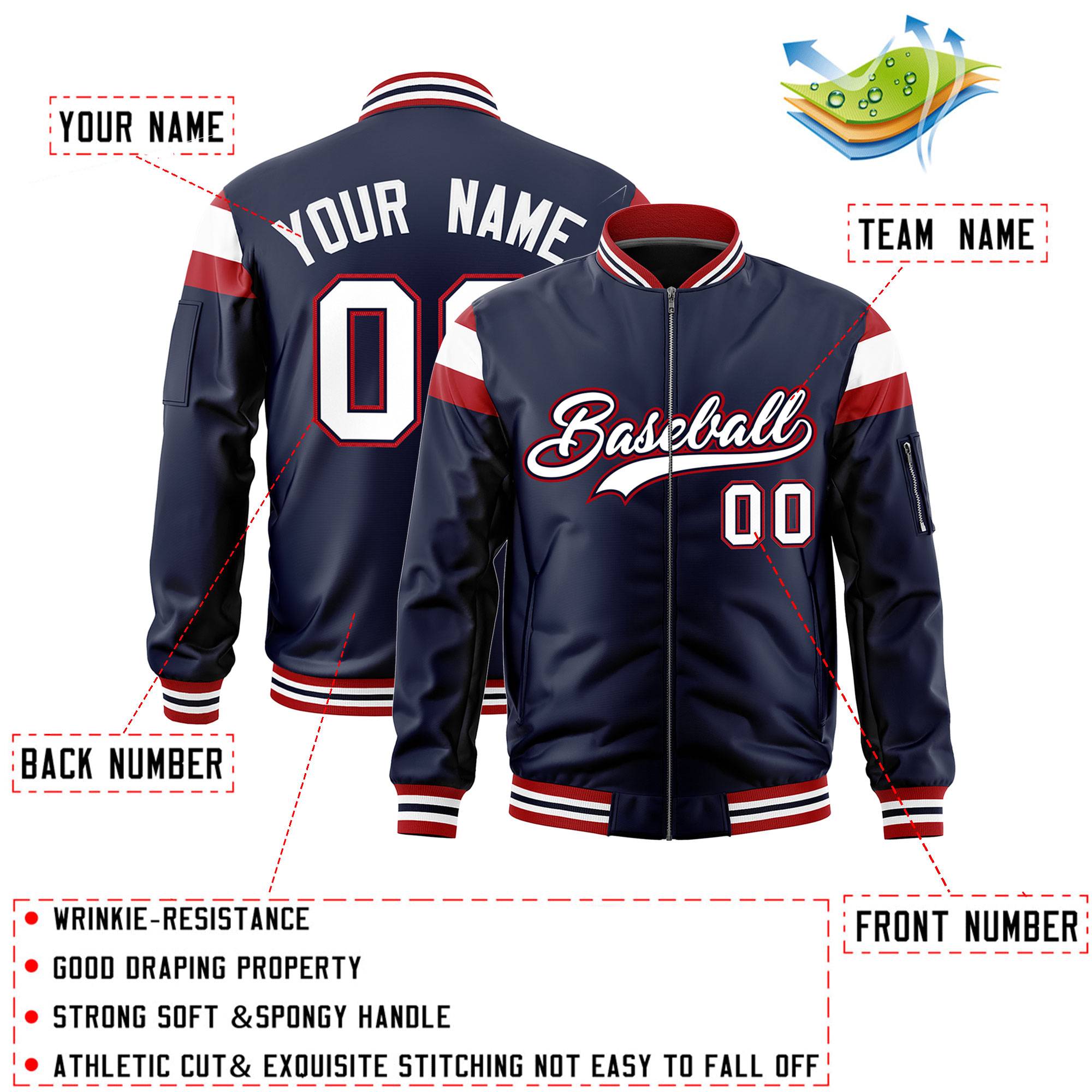 Custom Navy Red-White Varsity Full-Zip Shoulder Color Block Letterman Bomber Jacket