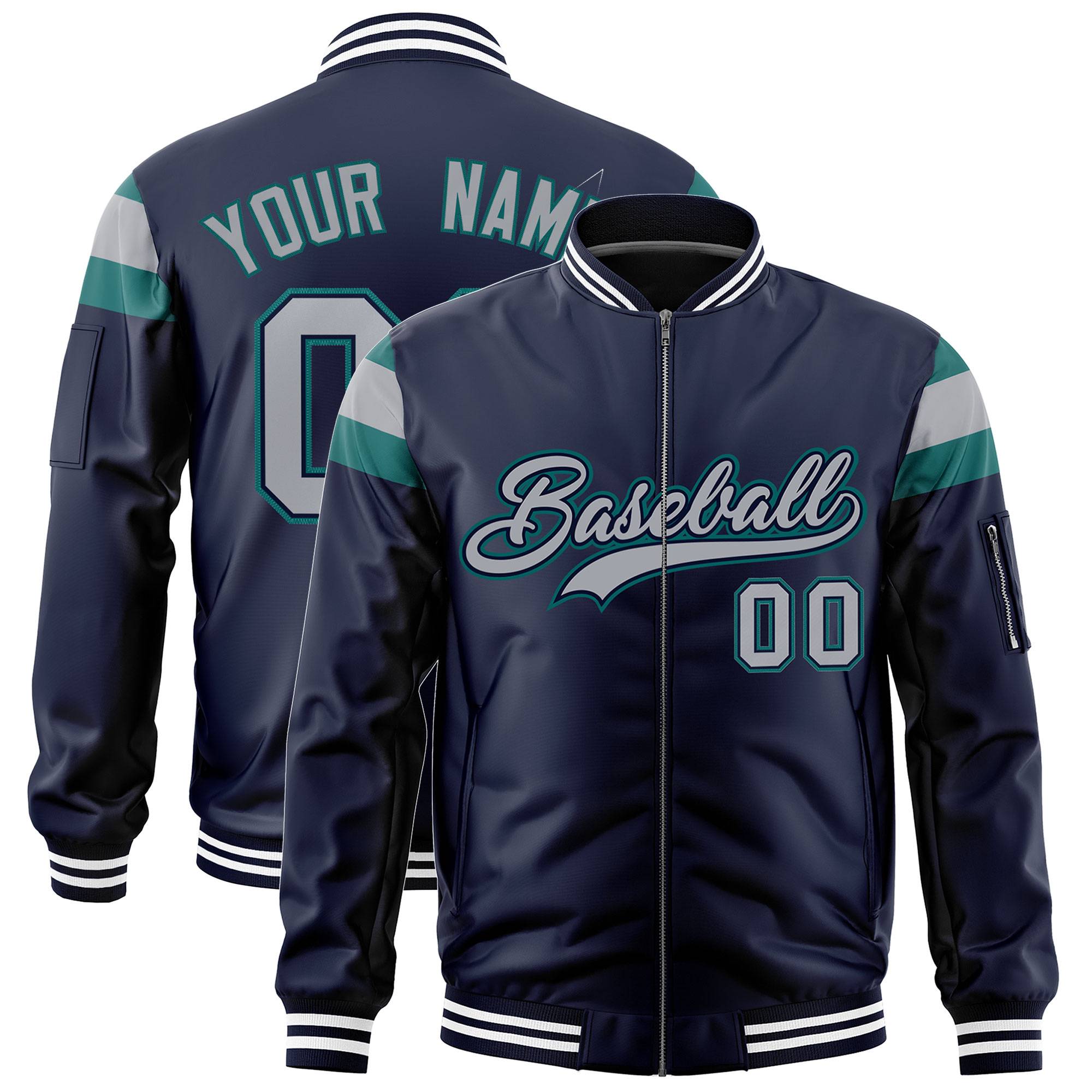 Custom Navy Aqua-Silver Varsity Full-Zip Shoulder Color Block Letterman Bomber Jacket