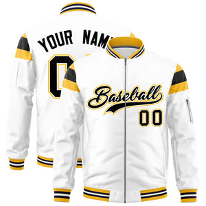 Custom White Gold-Black Varsity Full-Zip Shoulder Color Block Letterman Bomber Jacket