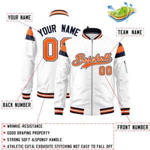 Custom White Navy-Orange Varsity Full-Zip Shoulder Color Block Letterman Bomber Jacket