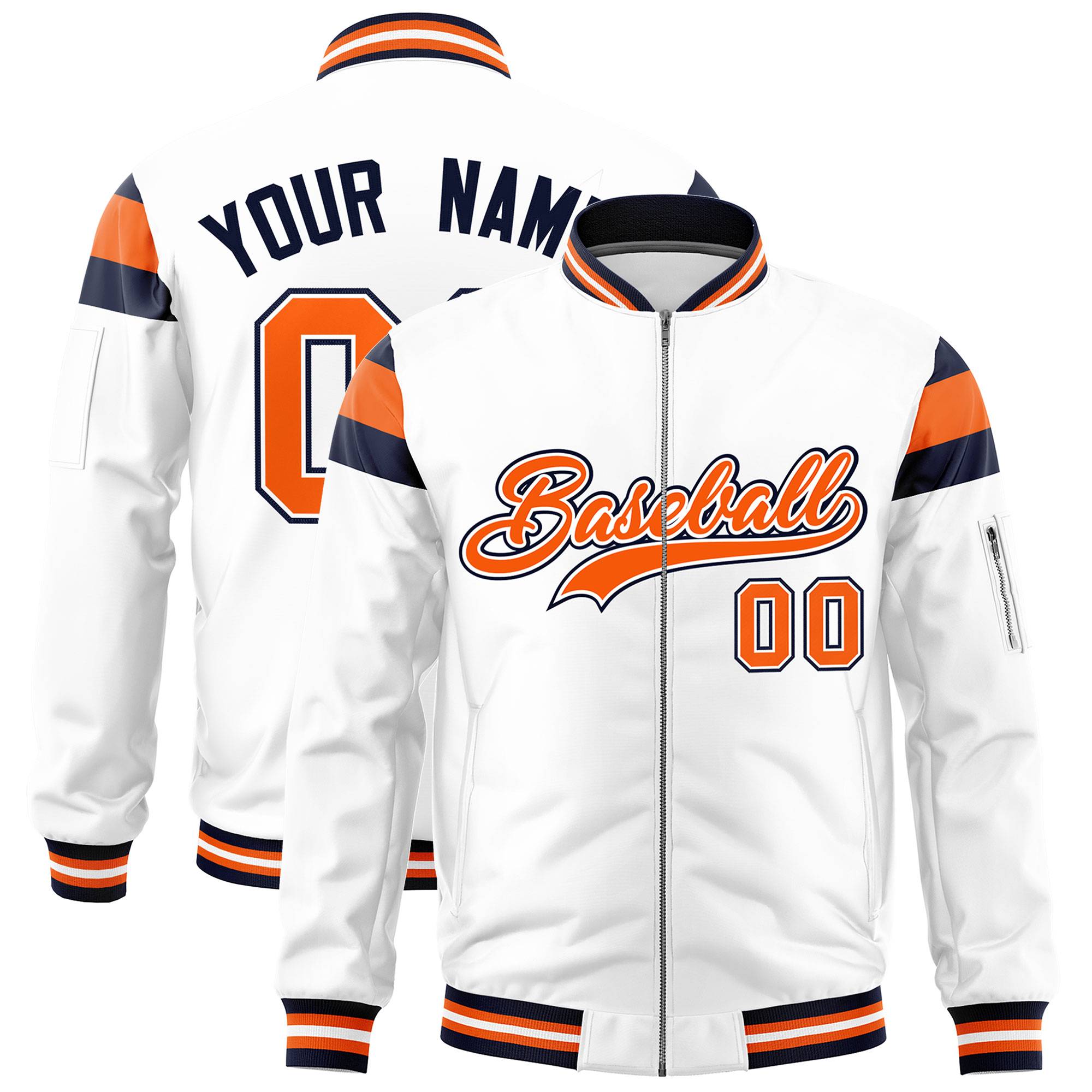 Custom White Navy-Orange Varsity Full-Zip Shoulder Color Block Letterman Bomber Jacket