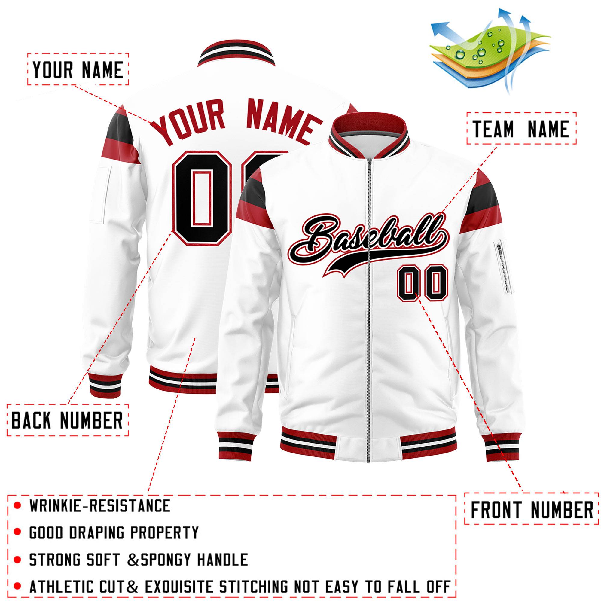 Custom White Red-Black Varsity Full-Zip Shoulder Color Block Letterman Bomber Jacket