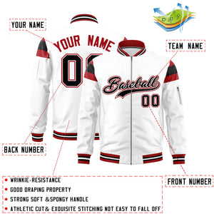 Custom White Red-Black Varsity Full-Zip Shoulder Color Block Letterman Bomber Jacket