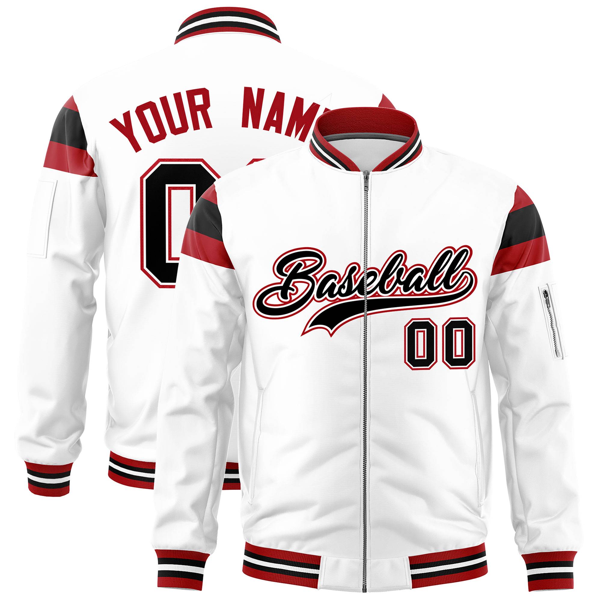 Custom White Red-Black Varsity Full-Zip Shoulder Color Block Letterman Bomber Jacket