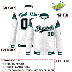 Custom White Aqua-Black Varsity Full-Zip Shoulder Color Block Letterman Bomber Jacket