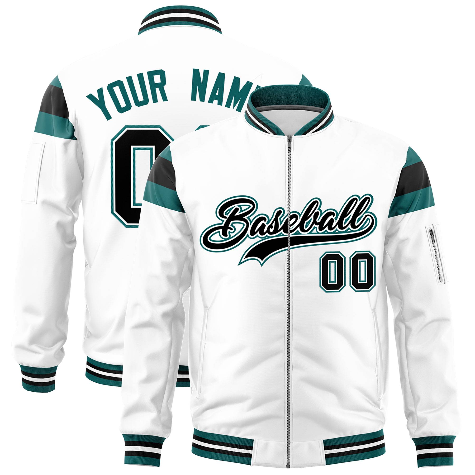 Custom White Aqua-Black Varsity Full-Zip Shoulder Color Block Letterman Bomber Jacket