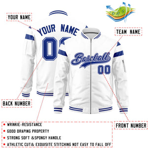 Custom White Royal Varsity Full-Zip Shoulder Color Block Letterman Bomber Jacket