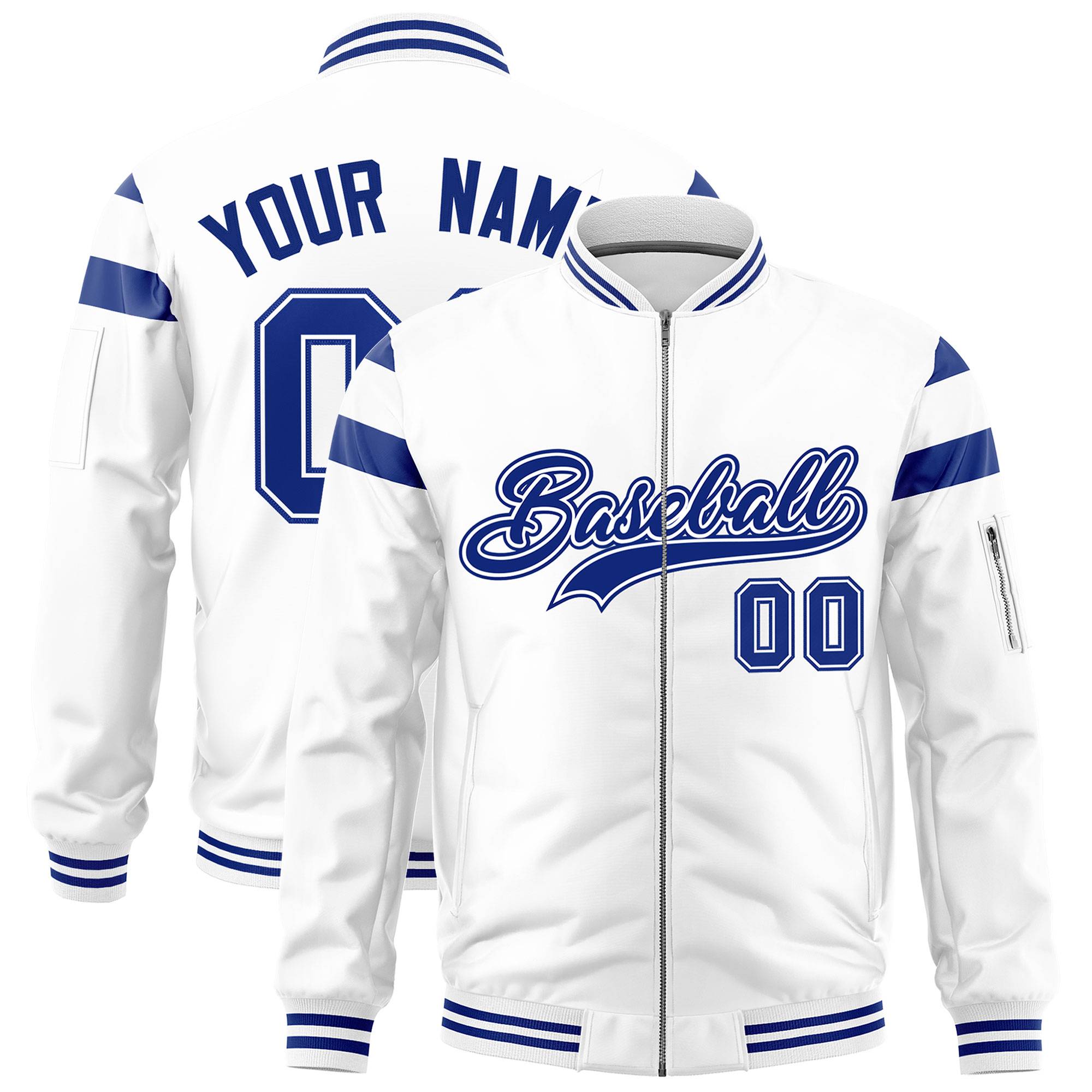 Custom White Royal Varsity Full-Zip Shoulder Color Block Letterman Bomber Jacket