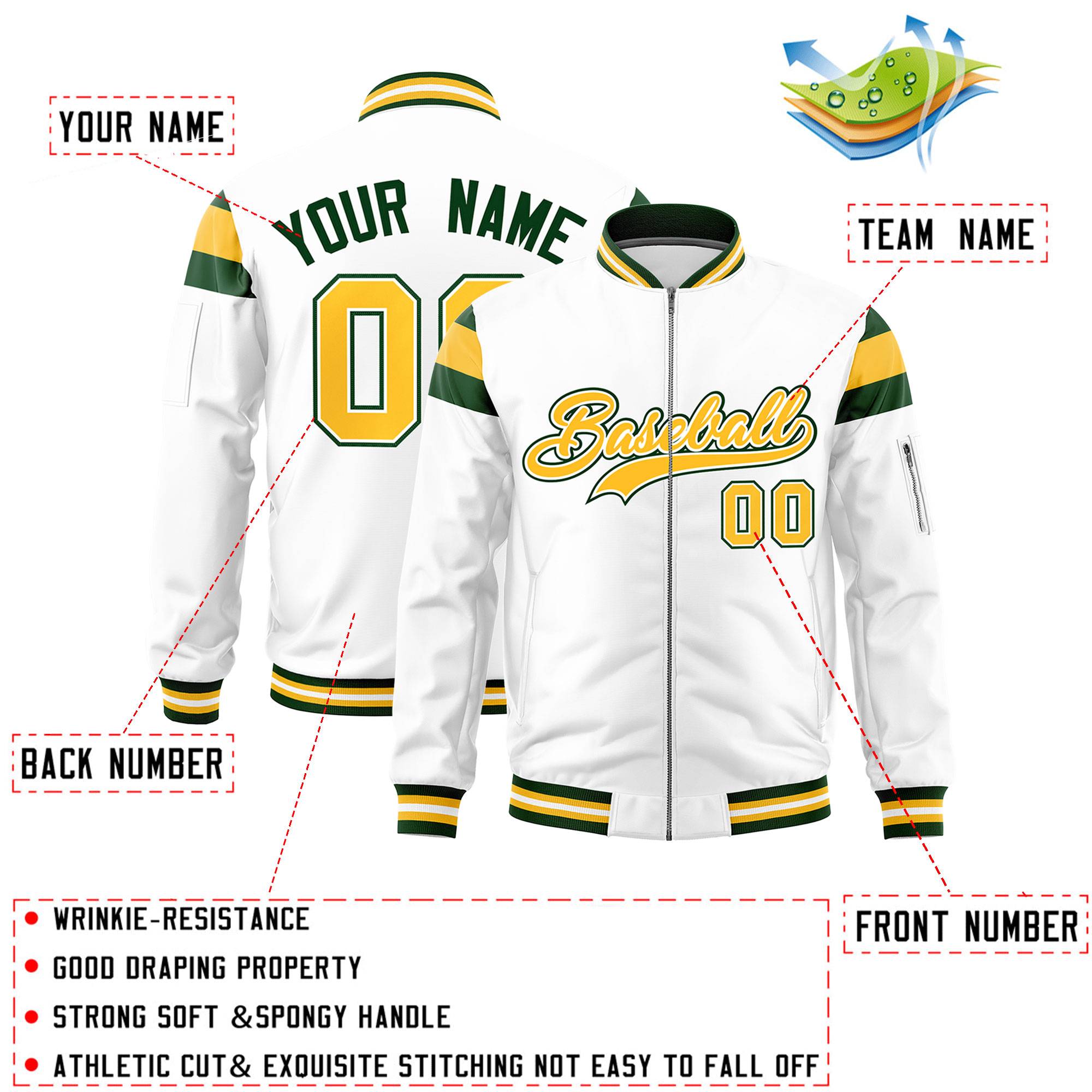 Custom White Green-Gold Varsity Full-Zip Shoulder Color Block Letterman Bomber Jacket