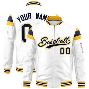 Custom White Gold-Navy Varsity Full-Zip Shoulder Color Block Letterman Bomber Jacket