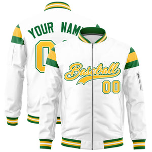 Custom White Kelly Green-Gold Varsity Full-Zip Shoulder Color Block Letterman Bomber Jacket