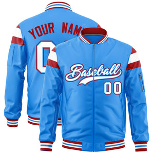 Custom Powder Blue Red-White Varsity Full-Zip Shoulder Color Block Letterman Bomber Jacket