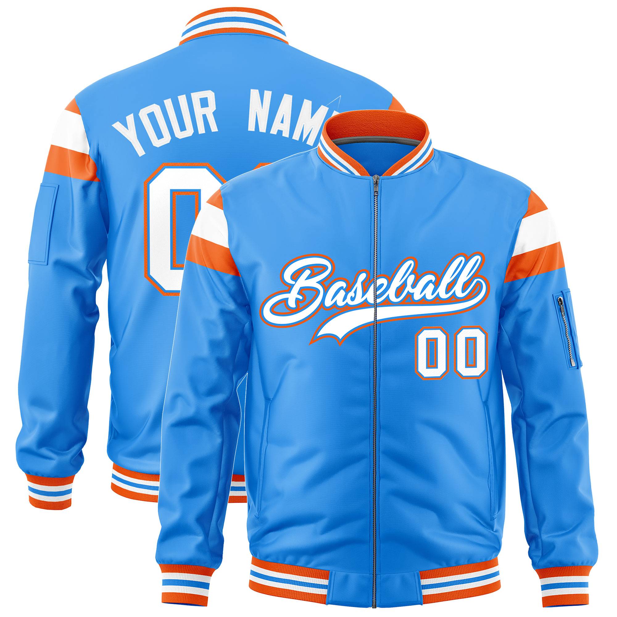 Custom Powder Blue Orange-White Varsity Full-Zip Shoulder Color Block Letterman Bomber Jacket