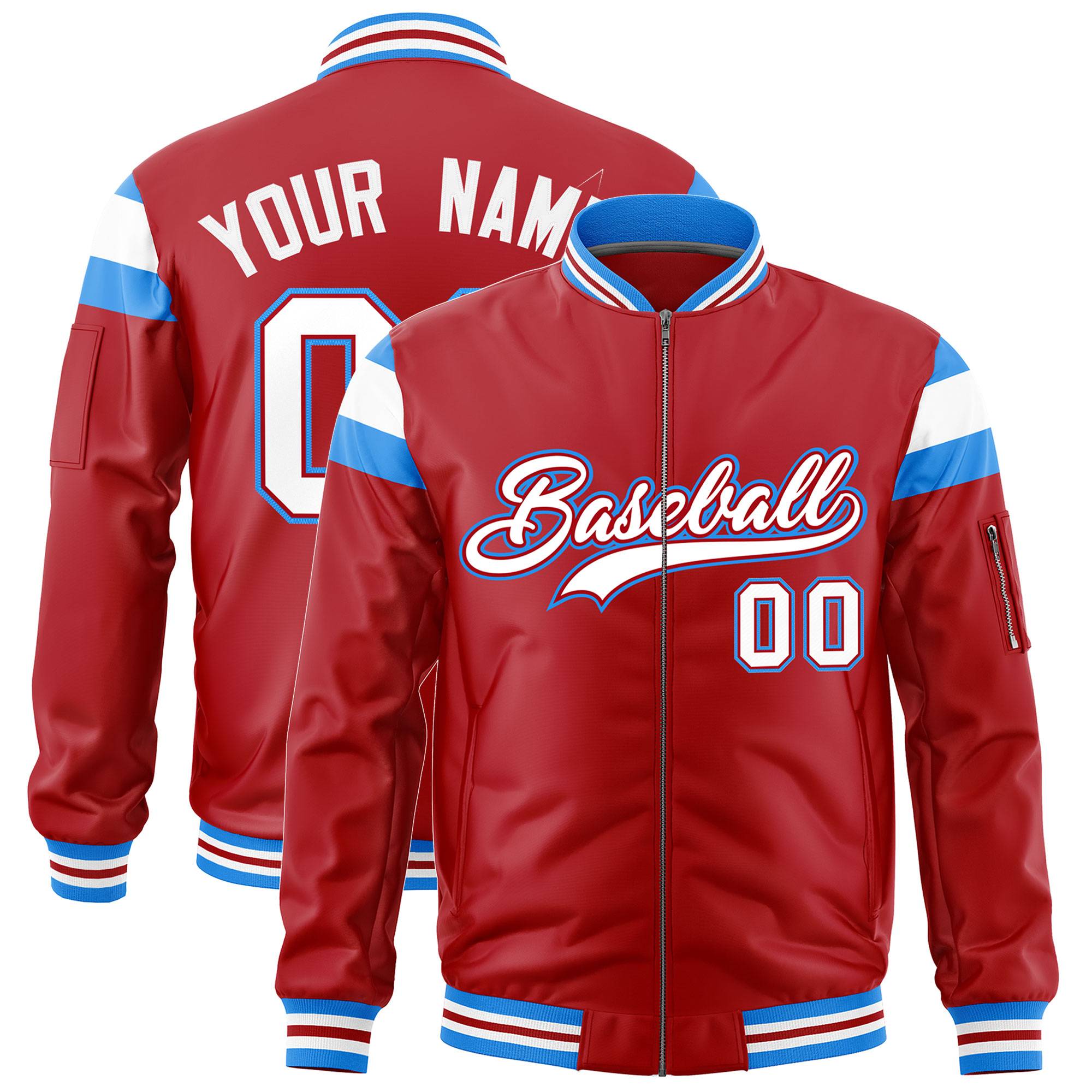 Custom Red Powder Blue-White Varsity Full-Zip Shoulder Color Block Letterman Bomber Jacket