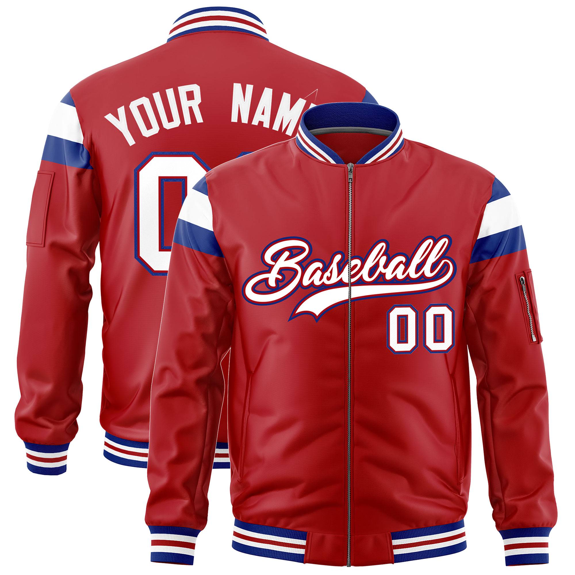 Custom Red Royal-White Varsity Full-Zip Shoulder Color Block Letterman Bomber Jacket