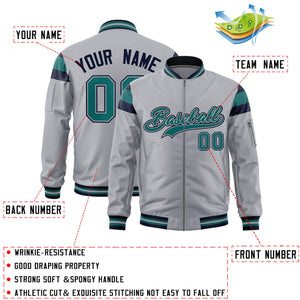 Custom Silver Navy-Aqua Varsity Full-Zip Shoulder Color Block Letterman Bomber Jacket