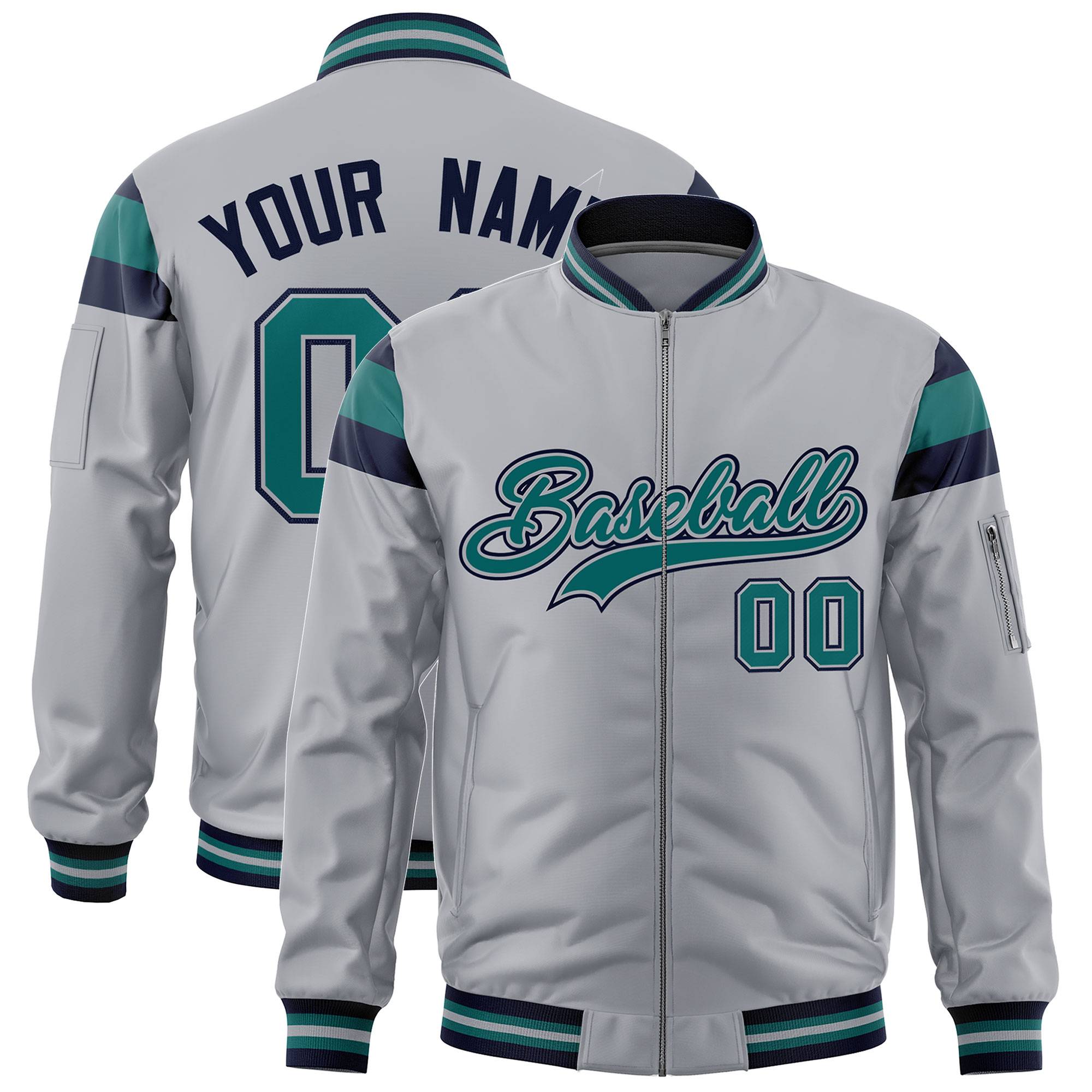 Custom Silver Navy-Aqua Varsity Full-Zip Shoulder Color Block Letterman Bomber Jacket