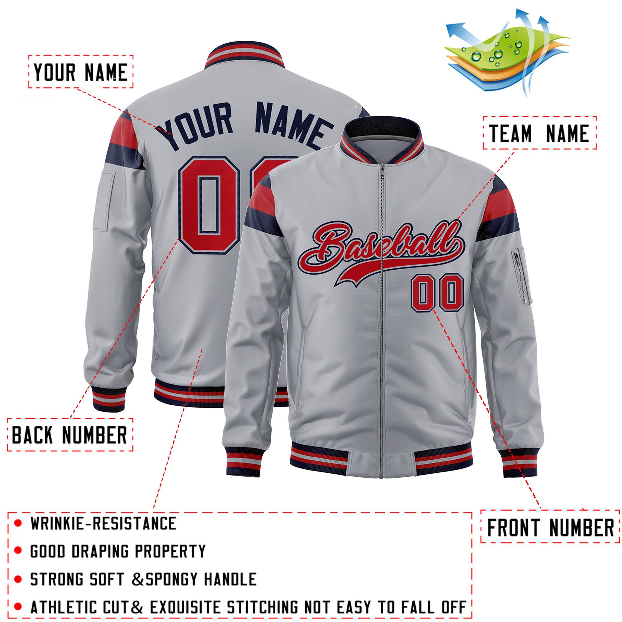 Custom Silver Navy-Red Varsity Full-Zip Shoulder Color Block Letterman Bomber Jacket