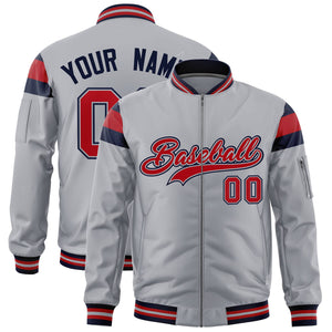 Custom Silver Navy-Red Varsity Full-Zip Shoulder Color Block Letterman Bomber Jacket