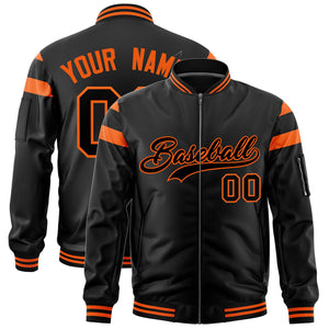 Custom Black Orange-Black Varsity Full-Zip Shoulder Color Block Letterman Bomber Jacket