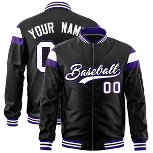 Custom Black Purple-White Varsity Full-Zip Shoulder Color Block Letterman Bomber Jacket