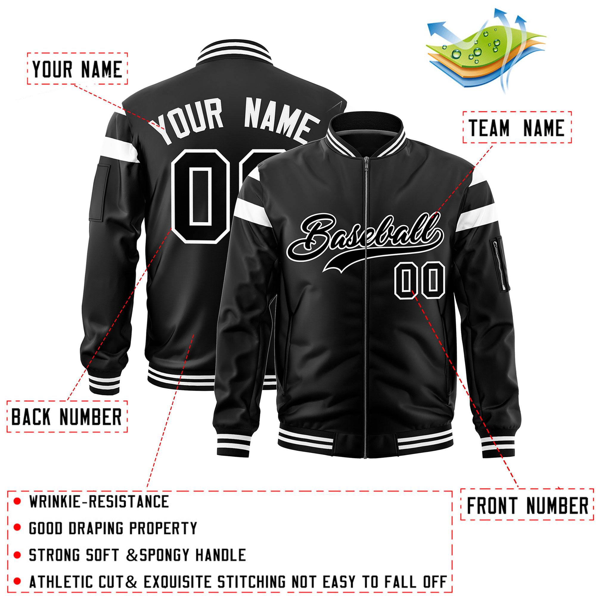 Custom Black White Varsity Full-Zip Shoulder Color Block Letterman Bomber Jacket