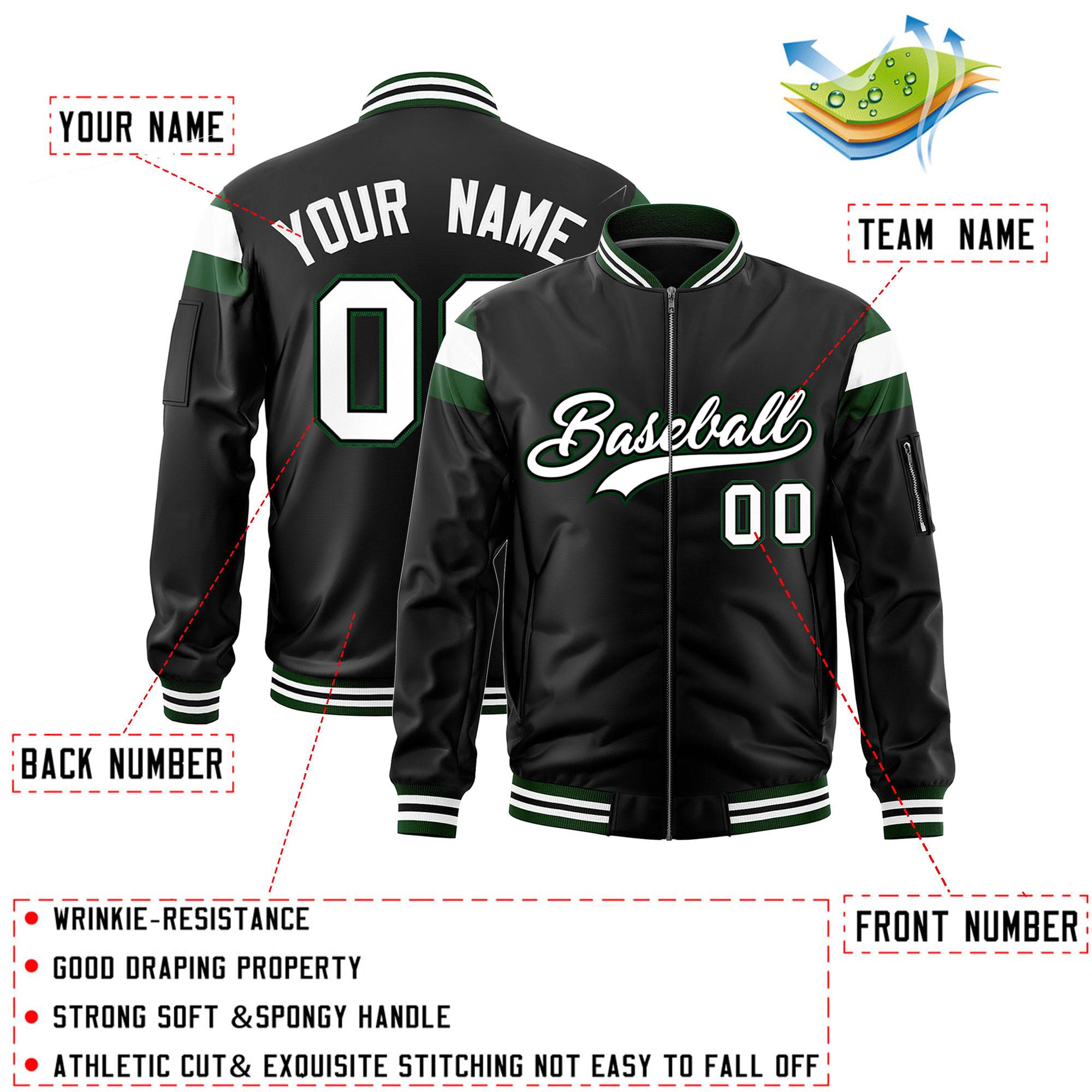 Custom Black Green-White Varsity Full-Zip Shoulder Color Block Letterman Bomber Jacket