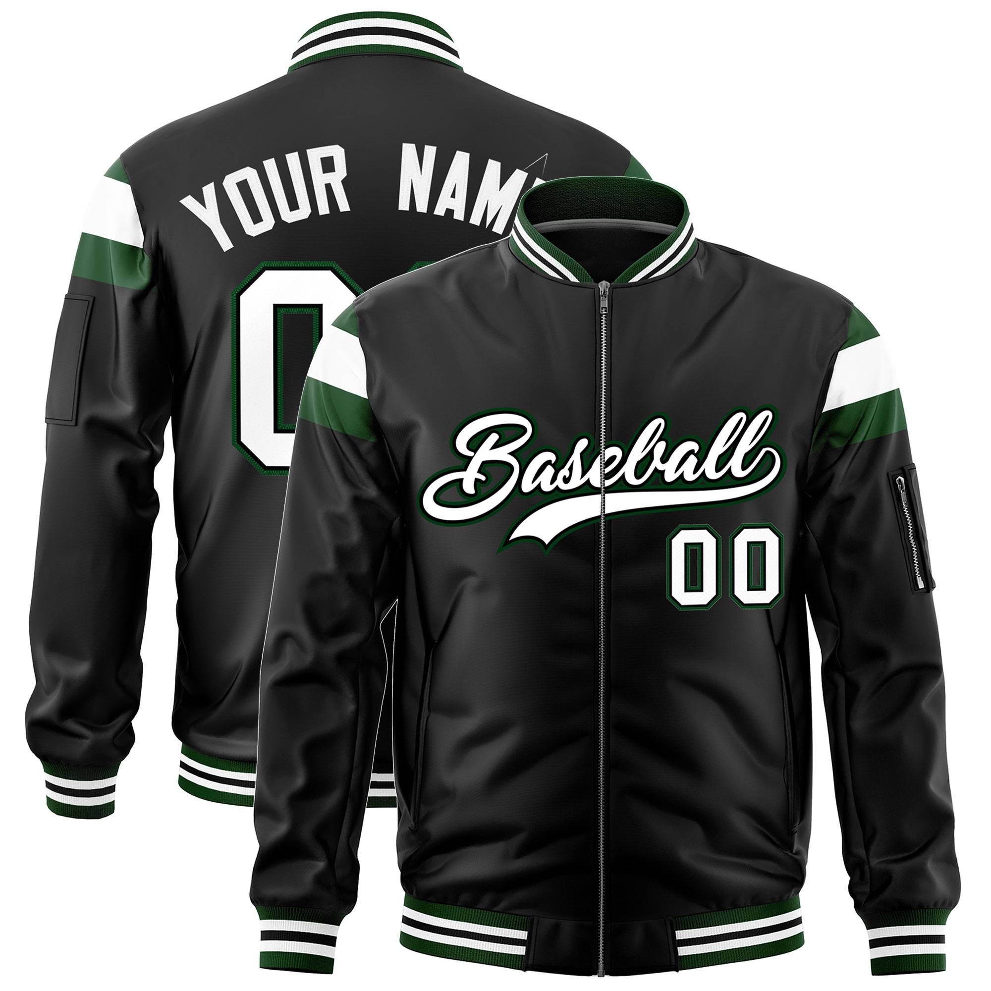 Custom Black Green-White Varsity Full-Zip Shoulder Color Block Letterman Bomber Jacket