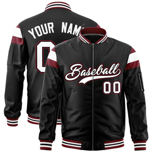 Custom Black Crimson-White Varsity Full-Zip Shoulder Color Block Letterman Bomber Jacket