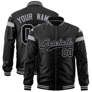 Custom Black Silver-Black Varsity Full-Zip Shoulder Color Block Letterman Bomber Jacket