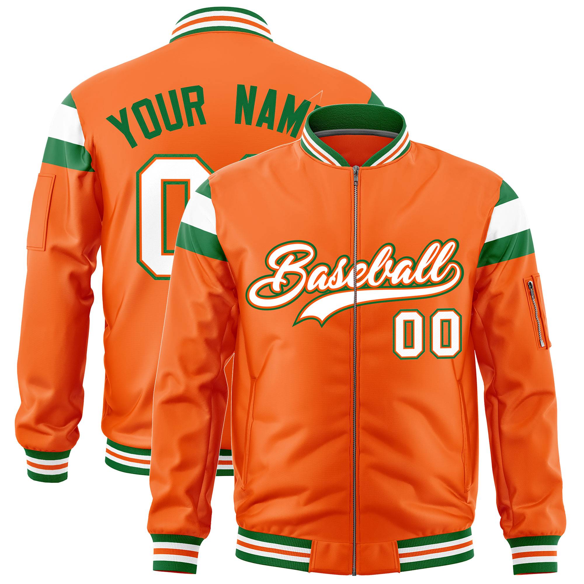 Custom Orange Kelly Green-White Varsity Full-Zip Shoulder Color Block Letterman Bomber Jacket