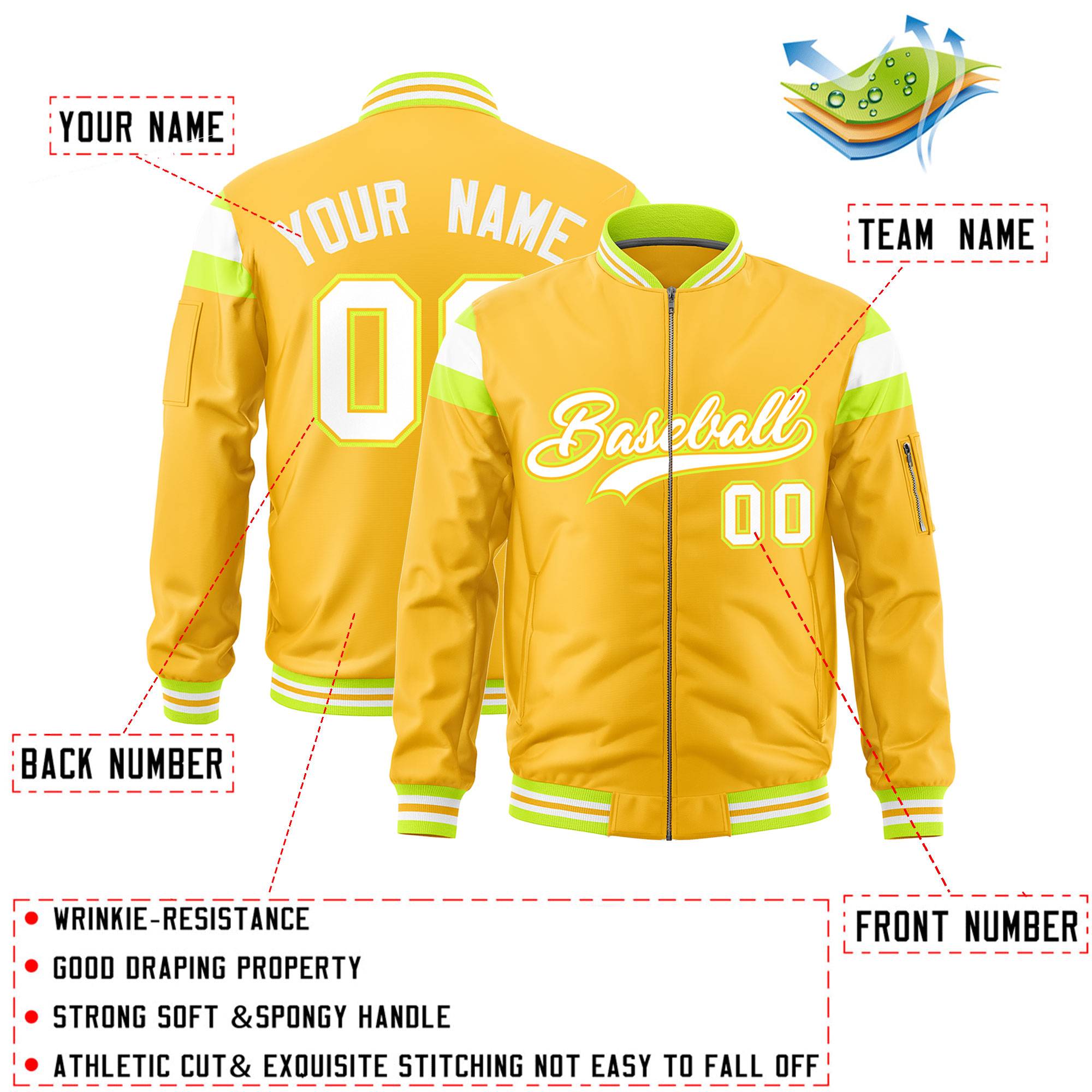 Custom Gold Fluorescent Green-White Varsity Full-Zip Shoulder Color Block Letterman Bomber Jacket