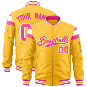 Custom Gold Pink-White Varsity Full-Zip Shoulder Color Block Letterman Bomber Jacket