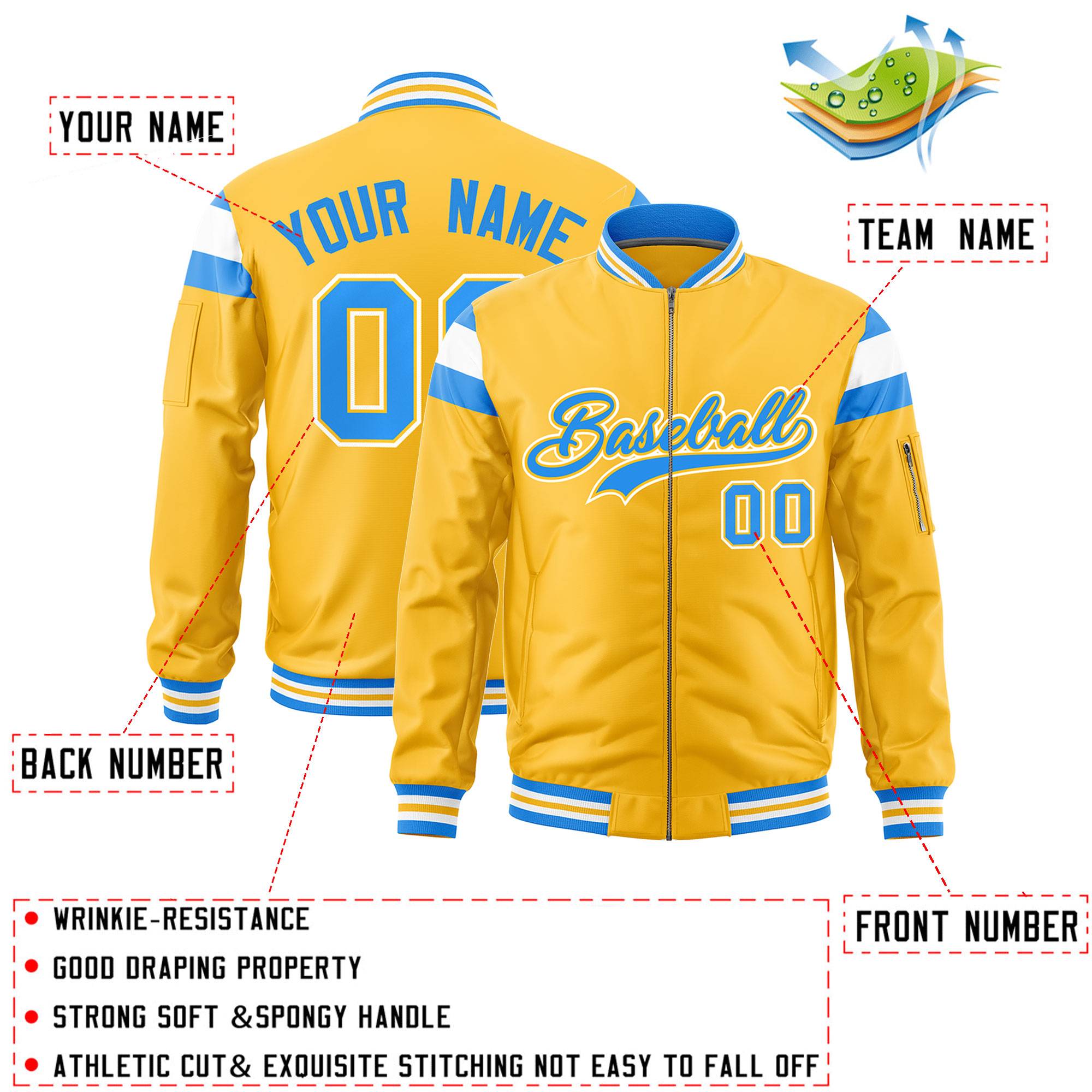 Custom Gold Powder Blue-White Varsity Full-Zip Shoulder Color Block Letterman Bomber Jacket