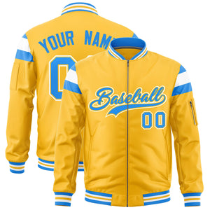 Custom Gold Powder Blue-White Varsity Full-Zip Shoulder Color Block Letterman Bomber Jacket