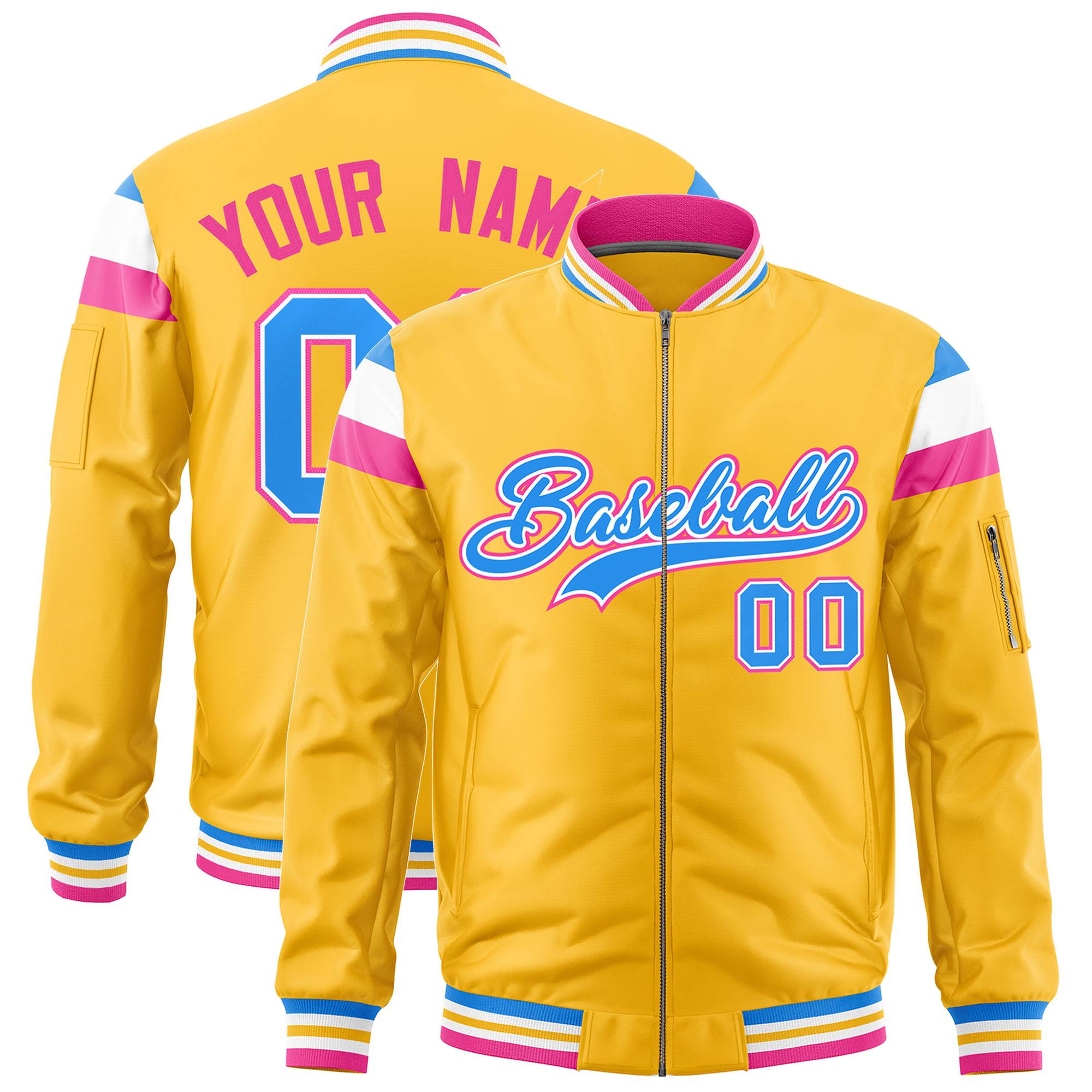 Custom Gold Powder Blue-White Varsity Full-Zip Shoulder Color Block Letterman Bomber Jacket