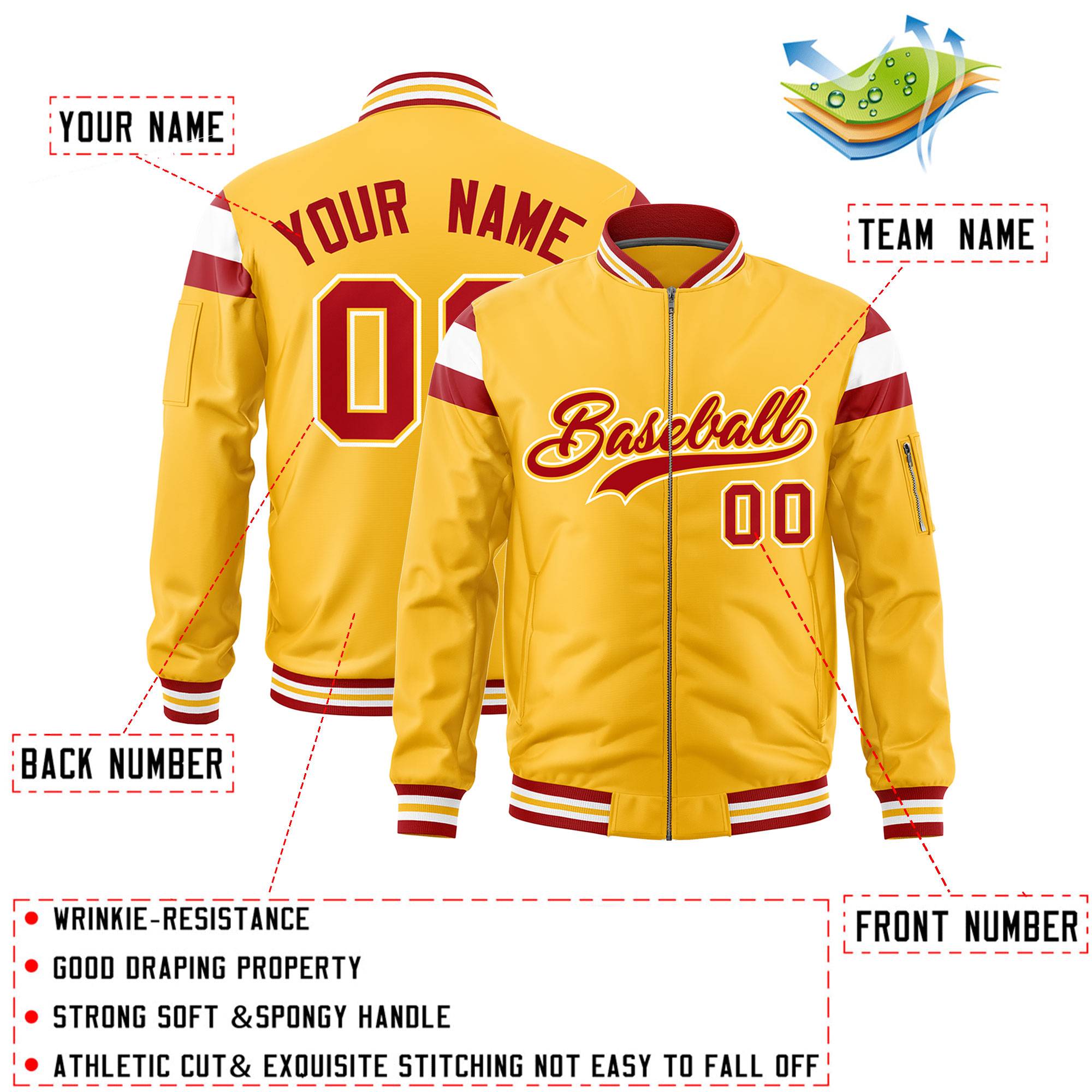 Custom Gold Red-White Varsity Full-Zip Shoulder Color Block Letterman Bomber Jacket