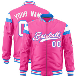 Custom Pink Powder Blue-White Varsity Full-Zip Shoulder Color Block Letterman Bomber Jacket